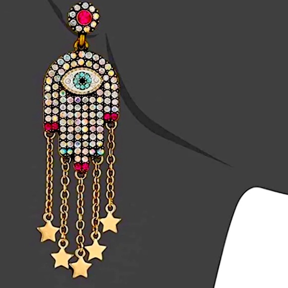 New Betsey Johnson Pavé Hamsa Hand Drop Earrings - Picture 3 of 9